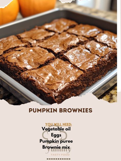 🎃🍫 Pumpkin Brownies – Rich and fudgy brownies with a hint of pumpkin spice. Perfect for fall and holiday gatherings! 🍂🍫 #PumpkinDesserts #FallBaking Pumpkin Brownies Ingredients: Brownie mix (1 box, 18.3 oz) Pumpkin puree (1/2 cup) Eggs (2) Vegetable oil (1/4 cup) Cinnamon (1 tsp) Nutmeg (1/2 tsp) Salt (1/4 tsp) Instructions: Preheat oven to 350°F (175°C). Grease a baking pan. Mix brownie mix with pumpkin puree, eggs, and vegetable oil. Stir in cinnamon, nutmeg, and salt. Pour batter into... Brownie Mix With Pumpkin, Pumpkin Brownies With Box Brownies, Pumpkin Spice Brownies, Brownies Ingredients, Pumpkin Brownies, Box Brownies, Brownie Ingredients, Fudgy Brownies, Brownie Mix