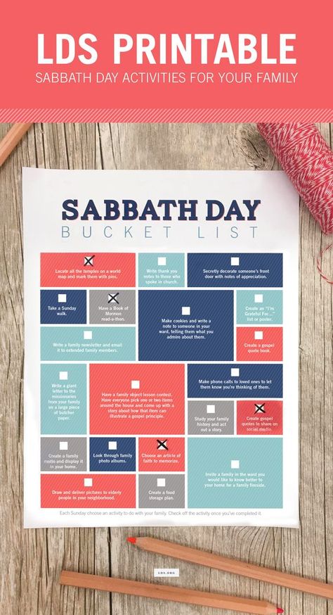 Printable-Sabbath Day Bucket List-Each Sunday choose an activity to do with your family. #HisDay #LDS Sabbath Day Activities, Sabbath Activities, Family Home Evening Ideas, Activity Days Ideas, The Sabbath Day, Activity Day Ideas, Sunday Activities, Relief Society Lessons, Yw Lesson