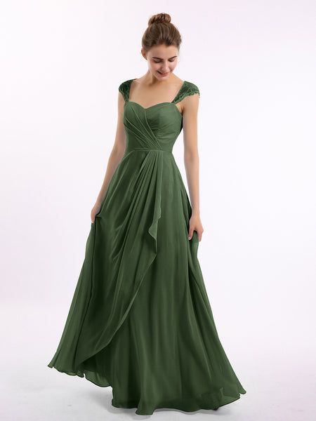 Bridesmaid Dresses Enchanted Forest, Bridesmaid Dresses Back Design, Dark Green Chiffon Dress, Moss Green Prom Dress, Save Green Bridesmaid Dress, Green Prom Dress Flowy, Muted Bridesmaid Dresses, Dark Sage Green Bridesmaid Dresses, Elegant Bridesmaid Dresses With Sleeves