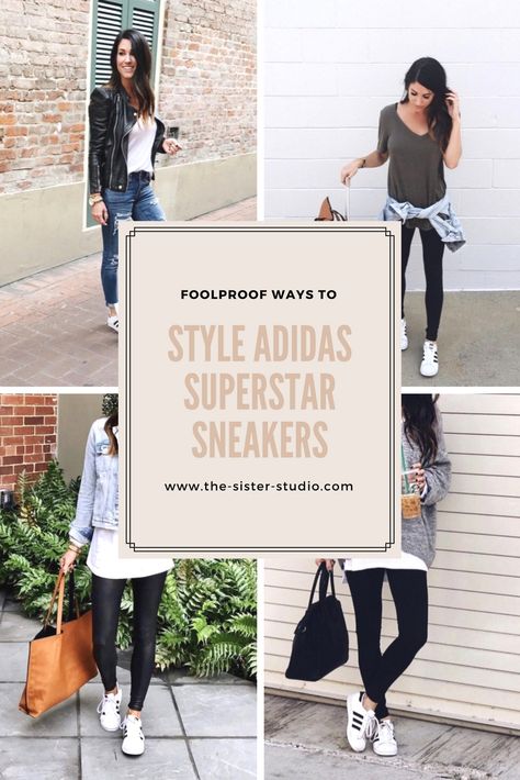 Foolproof ways to style Adidas Superstar Sneakers - www.the-sister-studio.com How To Style Adidas Sneakers, Outfits With White Adidas Shoes, How To Wear Adidas Sneakers, Outfits With Addis Shoes, Addidas Shoes Campus 00s Outfit Gray, How To Style Adidas Superstar, Adidas Shoe Outfits, White Adidas Shoes Outfits, Adidas Superstar Women Outfit