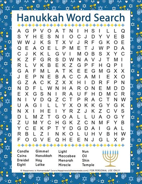 Hannakuh Activities For Kids, Hanukkah Word Search, Hanukkah Classroom Activities, Haunika Crafts, Hannakuh Crafts For Kids, Hannukah Crafts Kids, Hannukah Printables, Hanukkah Worksheets, Hanukkah Party Ideas