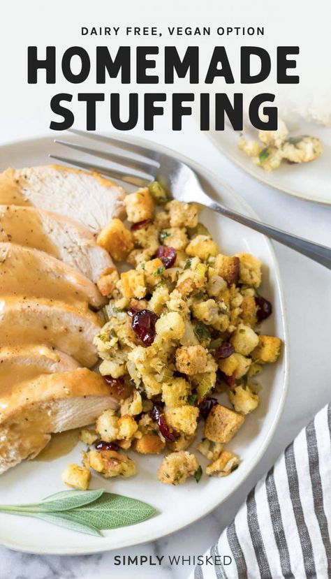 This easy, homemade stuffing recipe is made from scratch with croutons and loaded with flavor thanks to all the savories and cranberries. It’s baked in the oven and can be made in advance, so it’s perfect for Thanksgiving. Plus, this almost traditional stuffing is naturally vegan and dairy free. #stuffing #Thanksgiving Dairy Free Stuffing, Easy Homemade Stuffing, Homemade Stuffing Recipe, Baked Stuffed Pork Chops, Simply Whisked, Homemade Stuffing Recipes, Dairy Free Thanksgiving, Traditional Stuffing, Stuffing Thanksgiving