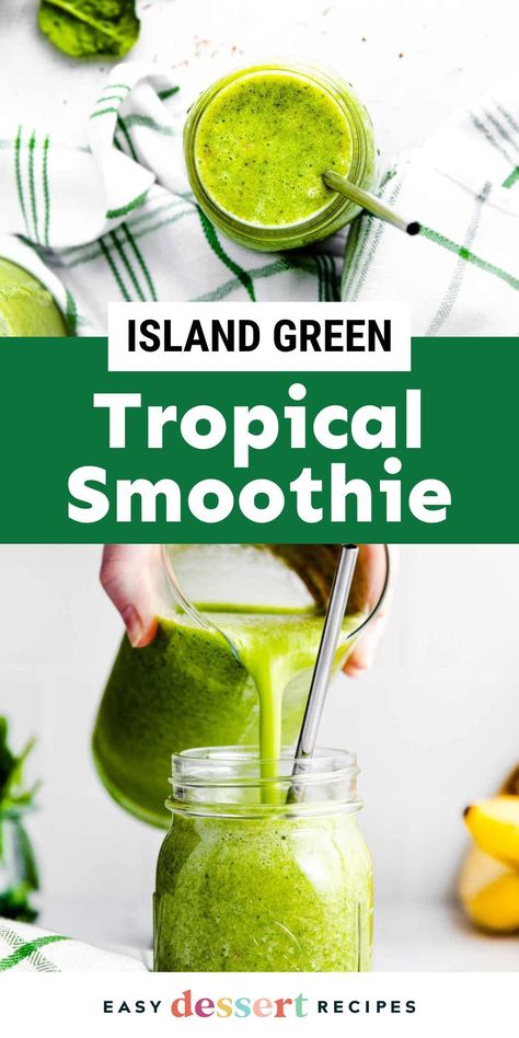 Save money and stay healthy with this island green tropical smoothie! Packed with spinach, kale, mango, pineapple, and banana, it's a refreshing and nutritious breakfast option. Island Green Smoothie Tropical Smoothie, Tropical Smoothie Island Green Recipe, Island Green Smoothie Recipe, Island Green Smoothie, Tropical Smoothie Recipes, Tropical Green Smoothie, Dessert Pie Recipes, Best Green Smoothie, Green Smoothie Recipe