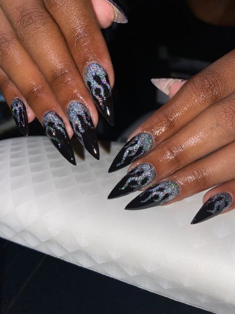 At Home Nail Tech, Glitter Flame Nails, Chrome Glitter Nails, Black Sparkle Nails, Flame Nails, Custom Nails, Stiletto Nails Designs, Flame Design, Nails Glitter