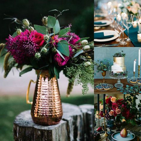 Gold, dark teal & magenta wedding. Dark teal wedding. @soshechanged Dark Teal And Magenta Wedding, Dark Teal Candles Wedding, Jewel Tones Centerpieces, Magenta And Teal Wedding, Dark Teal Table Setting, Dark Teal And Pink Wedding, Dark Magenta Wedding, Dark Teal And Gold Wedding, Wedding Dark Teal