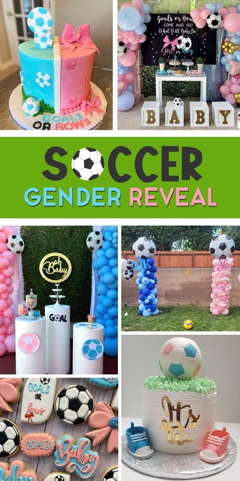 Soccer Gender Reveal Invitations, Soccer Themed Gender Reveal Party, Gender Reveal Ideas For Party Soccer, Soccer Or Bows Gender Reveal, Soccer Gender Reveal Decorations, Goals Or Bows Gender Reveal Decorations, Goals Or Bows Gender Reveal Cake, Soccer Gender Reveal Ideas For Party, Soccer Ball Gender Reveal Ideas