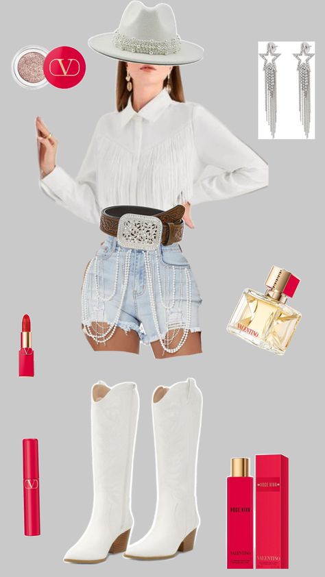 White cowgirl boots jean shorts with pearls, long sleeve, white dress, shirt, cowgirl shirt, hat eith pearls, belt star, earrings, cowgirl, earrings, Valentino, makeup and perfume Valentino Makeup, Long Sleeve White Dress, Makeup And Perfume, Cowgirl Earrings, White Cowgirl Boots, White Dress Shirt, Cowgirl Shirts, Cowgirl Boots, Star Earrings