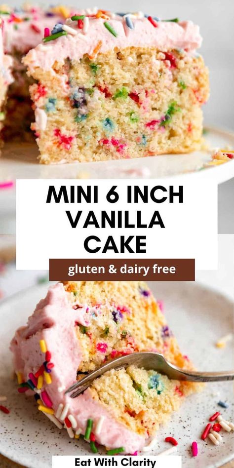 This mini gluten free vanilla funfetti cake is easy to make, topped with dairy free buttercream frosting and perfect for a simple birthday dessert. Mini Vanilla Cake, Gluten Free Funfetti Cake, Dairy Free Vanilla Cake, Dairy Free Birthday Cake, Dairy Free Buttercream, Gluten Free Birthday Cake, Gluten Free Vanilla Cake, Fun Dessert, Dairy Free Cake