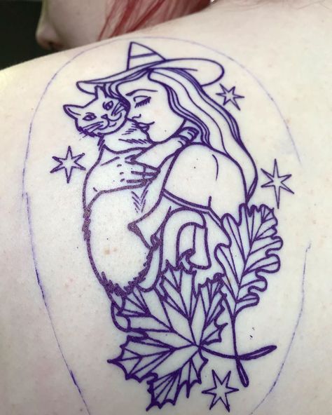 Halloween Neck Tattoo, Cute Witch Tattoo, Witch And Cat Tattoo, Witch Cat Tattoo, Spooky Cat Tattoo, Pumpkin Cat Tattoo, Witch Cat Tattoo Ideas, Traditional Witch Tattoo, Witch And Black Cat Tattoo