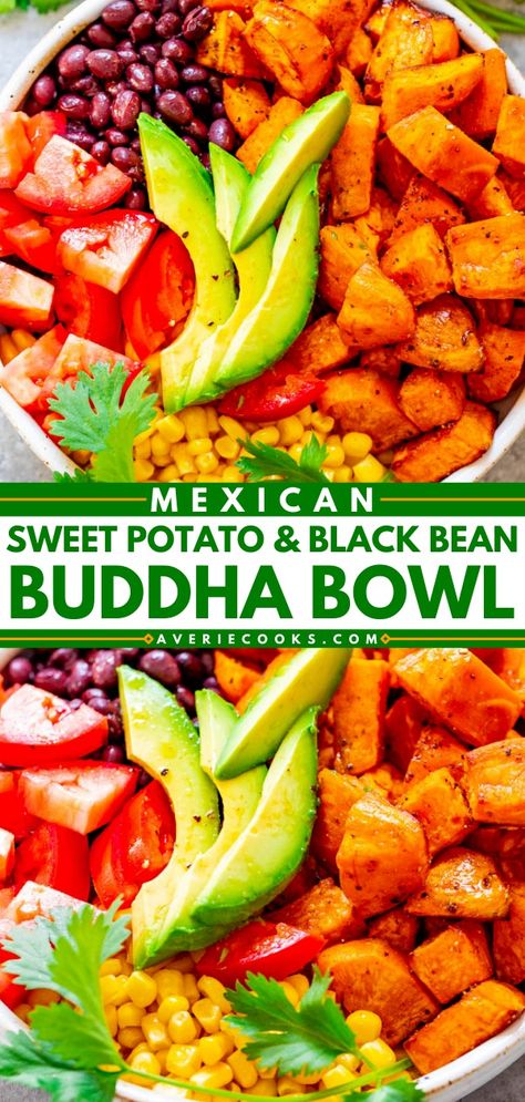 Mexican Sweet Potato Bowl - Averie Cooks Black Bean Buddha Bowl, Mexican Sweet Potato, Sweet Potato Bowl, Mexican Sweet Potatoes, Sweet Potato And Black Bean, Potato Bowl, Bowl Meals, Sweet Potato Bowls, Averie Cooks