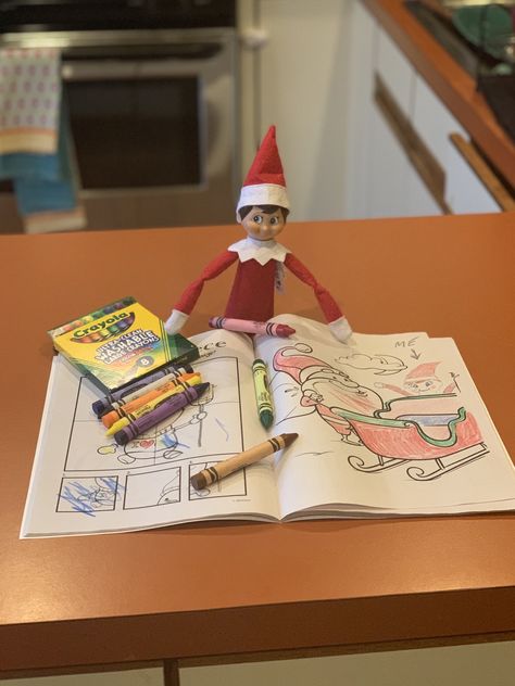 Brings boy crayons and coloring book and colors his own self portrait. Elf On The Shelf Coloring, On The Shelf, The Elf, Self Portrait, Elf On The Shelf, Crayon, Coloring Books, Elf, Holiday Decor