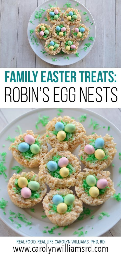 These Robin's Egg Nest Treats are seriously so much fun to make with kids and are the perfect treat for class parties.  I personally love them because they look like I put a lot of time and effort into them, but in reality, I knocked them out in 20 minutes!  My secret?  Throw the muffin pan full of Rice Krispie treats into the freezer to speed up cooling time!  It also makes them so much easier to remove from the pan!  Not to mention, the kids usually put the finishing touches on them while I... Rice Krispy Nest Treats, Easter Rice Krispie Treats Bird Nests, Rice Krispie Easter Nests, Easter Egg Rice Crispy Treats, Easter Rice Crispy Treats, Easter Egg Rice Krispie Treats, Rice Krispie Nests, Easter Rice Krispie Treats, Fun Holiday Treats