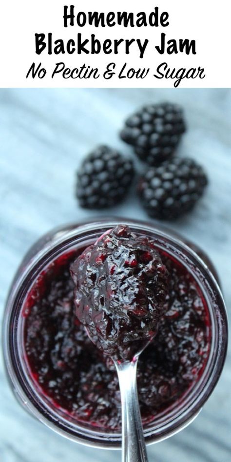 Blackberry Jam Recipe Without Pectin Canning Blackberry Jam, Blackberry Jam No Pectin, Low Sugar Jam Recipes, Blackberry Jam Recipe, Homemade Blackberry Jam, Blackberry Jam Recipes, Blackberry Recipes, Jam Recipes Homemade, Canning Jam