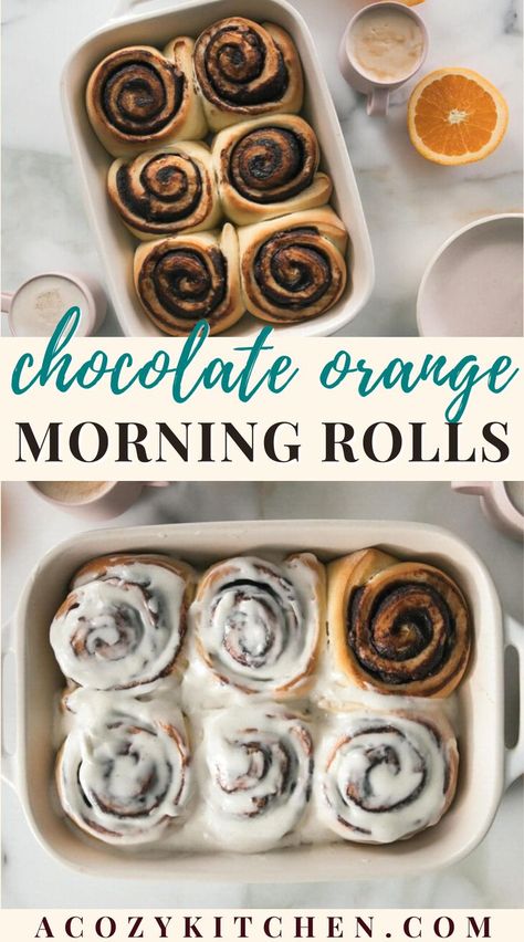 These Bakery-style Chocolate Orange Morning Rolls celebrate the best of fall recipes and the very famous Christmas flavor combo of orange and chocolate and puts it into a morning bun. Similar to my cinnamon rolls, these homemade rolls are made with rapid-rise yeast making them quicker and easier. Great for baking newbies. Enjoy these rolls for a sweet breakfast, brunch, snack, or dessert. #fallrecipes #bakingforbeginners #easysweetrolls Chocolate Orange Cinnamon Rolls, Sweet Rolls Recipe, Morning Rolls, Cozy Bakery, Orange Cinnamon Rolls, Bakery Style Cake, Orange And Chocolate, Morning Bun, Baking For Beginners