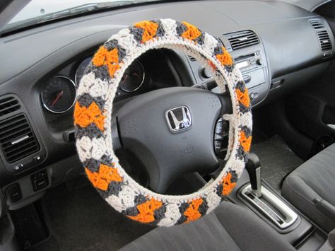 Crochet Steering Wheel Cover - aran/pumpkin/dark grey Dark Orchid, Extra Yarn, Black Shadow, Bathroom Items, Steering Wheel Cover, Wheel Cover, Car Covers, Future Car, Car Decor