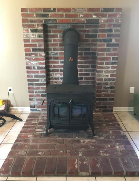 Painting the Brick Around a Wood Burning Stove with Chalk Paint®️ | The Purple Painted Lady Decorating Around Wood Stove, Wood Stove Makeover, White Brick Behind Wood Stove, Painted Brick Wood Stove Surround, Painting Tile Around Wood Stove, Paint Brick Around Wood Stove, Chalk Paint On Stone Fireplace, Fire Place Brick Stain, Stove Paint