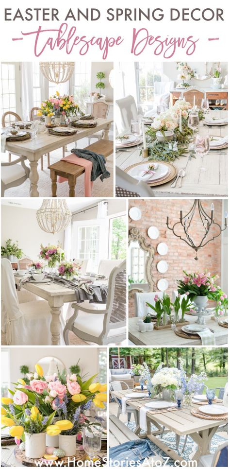 Spring and Easter Tablescape Decor by Home Stories A to Z #springdecor #spring #springtable #springdining #springtablescape Easter Tablescapes Round Table, Spring Outdoor Tablescape, Spring Lunch Table Setting, Elegant Spring Celebration Sets, Grass Table Runner Decor Easter, Spring Wreath Tutorial, Spring Bedroom Decor, Easter Table Decor, Small Flower Arrangements