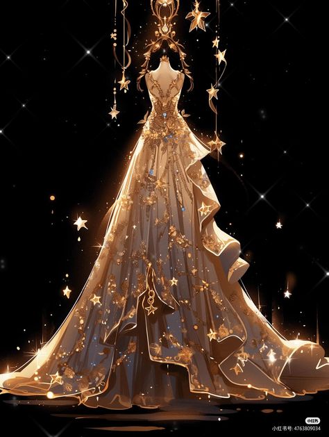 Golden Dress Fantasy Art, White And Gold Ballgown, White And Gold Princess Dress, Golden Fantasy Dress, Golden Dress Aesthetic, Manhwa Gowns, Gold Fairy Dress, Gold Fantasy Dress, Fantasy Dress Queens