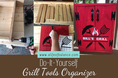 DIY Grill Tools Organizer Tools Organizer, Easy Weekend Projects, Outdoor Grill Station, Diy Grill, Grill Tools, Grill Station, Sanding Block, Summer Tables, Grilling Tools