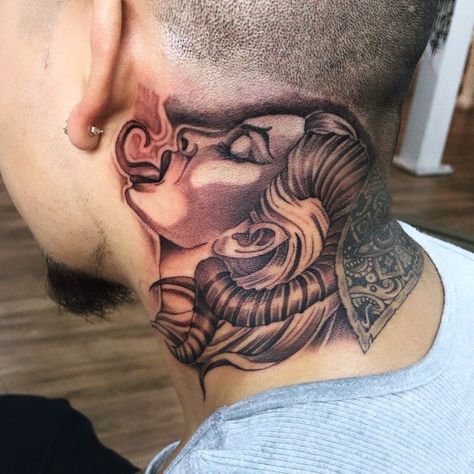 Demon Whispering In Ear Tattoo, Devil Whispering In Ear Tattoo, Angel Whispering In Ear Tattoo, Angel Whispering In Ear Tattoo Design, Tattoo Neck Men, Angel Neck Tattoo, Back Of Neck Tattoo Men, Mens Body Tattoos, Arm Tattoos Drawing