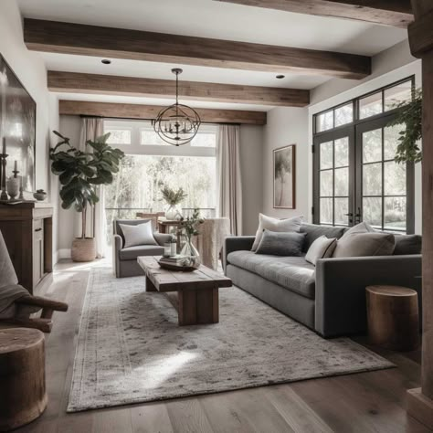 Grey Cream Wood Living Room, Peak Ceiling Living Room, Grey Modern Farmhouse Living Room, Dark Gray Sofa Living Room Ideas, Modern Organic Farmhouse, Grey Modern Farmhouse, Farmhouse Living Room Designs, Grey Farmhouse Living Room, Texas Apartment