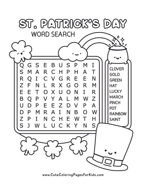 Download our free printable St. Patrick's Day word search puzzle for a fun and challenging (and FREE) activity for kids. We have two word search PDFs to choose from so you can choose the level that is right for your kiddos. Plus, you can download the answer sheets for anyone who gets stuck! Saint Patrick Activities For Kids, St Patrick's Day Classroom Activities, St Patricks Day Crafts For Kids Free, St Patricks Day Coloring Pages For Kids, St Patrick’s Day Activities For Kids, St Patricks Day Activities For Kids, St Patrick’s Day Worksheets, St Patricks Day Worksheets, March Word Search