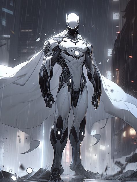 Robot Hero Concept Art, Robot Superhero Oc, White Superhero Suit Male, Super Suit Concept Art, Superhero Oc Art, Hero Oc Character Design, Superhero Design Oc, Oc Superhero Character Design, Super Hero Concept Art