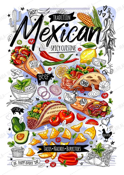 Mexican Restaurant Graphic Design, Mexican Food Painting, Food Posters Illustration, Mexican Food Graphic Design, Mexican Food Illustration, Mexican Food Drawing, Mexican Food Art, Mexican Poster, Mexican Graphic Design