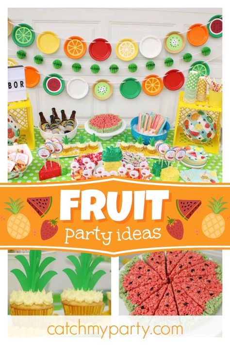 Wait till you see this colorful Summer fruit block party! The watermelon krispie treats are fantastic!! See more party ideas and share yours at CatchMyParty.com  #catchmyparty #partyideas #summerparty #fruit #blockparty Fruit Party Food Ideas, Fruit Themed Birthday Party Food Tables, Dancing Fruit Party, Twotti Fruity Party Food, Dancing Fruit Birthday Party, Fruit Party Theme, Fruit Party Decorations, Fruity Party, Twotti Fruity