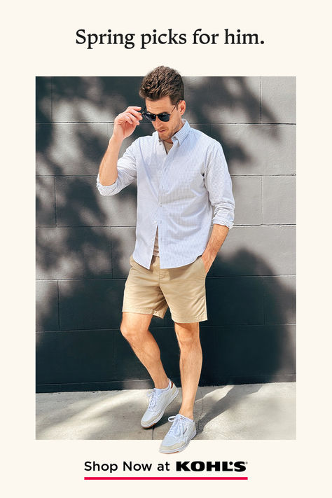 From stylish button-downs to neutral shorts and everyday shoes, shop men's outfits for spring and summer at Kohl's and Kohls.com. Engagement Bbq, Casual Outfit For Summer, Proposal Outfit, Men Casual Outfit, Summer Proposal, App Photos, Bridgerton Party, Short King, Outfits For Spring