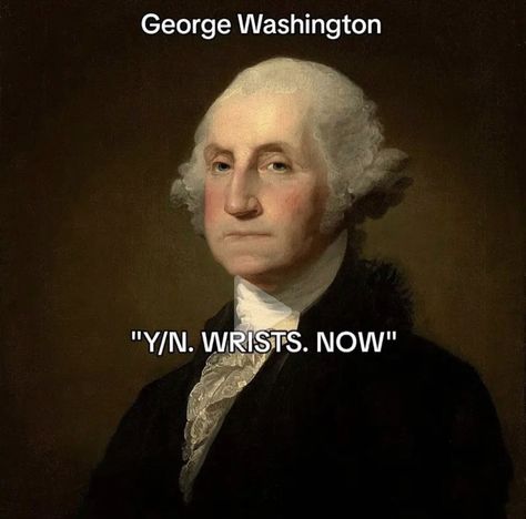 George Washington "Y/N. WRISTS. NOW" King George X George Washington, George Washington Fanart, Historical Hamilton, Liberty Kids, Thirst Trap, Goofy Ahh, I Dont Have Friends, Old People, King George