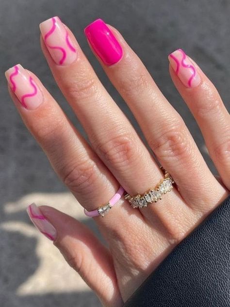 Magenta squiggles Preppy Nails Hot Pink French Tip, Summer Nails Designs Acrylic French Tips Hot Pink, Short Nail Designs Hot Pink, Hot Pink Nail Tips French, Hot Pink Dress Nail Ideas, Hot Pink New Years Nails, Pink Nails For Dance, Easy Pink Nail Ideas, Cute Vacation Nails Pink