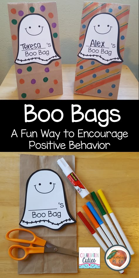 Want a fun way to encourage positive behavior right before Halloween? Check out this FREEBIE! Boo Bags are a teacher and student favorite! Halloween Preschool Treats Bags, Halloween Gifts From Teacher To Students, Boo Bags For Kids, Boo Bags Ideas Kids, Halloween Gift To Students, Preschool Halloween Treats From Teacher, Halloween Gifts For Preschoolers, Halloween Student Gifts, Halloween Week Activities