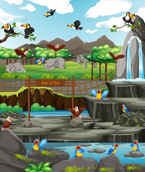 Scene with birds at the zoo | Premium Vector #Freepik #vector #mammals #zoo-cartoon #zoo #african-animals Zoo Illustration, Scene Illustration, Earth Drawings, Kids Animals, The Zoo, Pattern Drawing, Merchandise Design, Vector Photo, Premium Vector