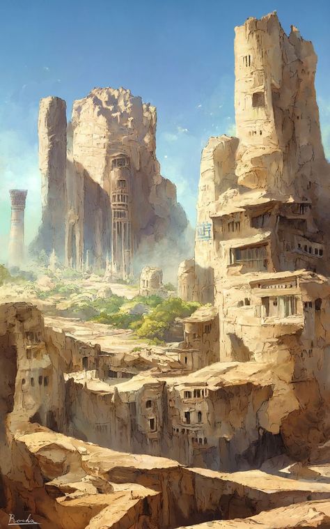 Desert Fantasy Art Cities, Desert Caravan Fantasy Art, Sun City Fantasy Art, Steampunk Desert City, Dnd City Aesthetic, Dessert City Fantasy Art, Desertpunk City, Desert Fantasy Landscape, Desert Village Concept Art