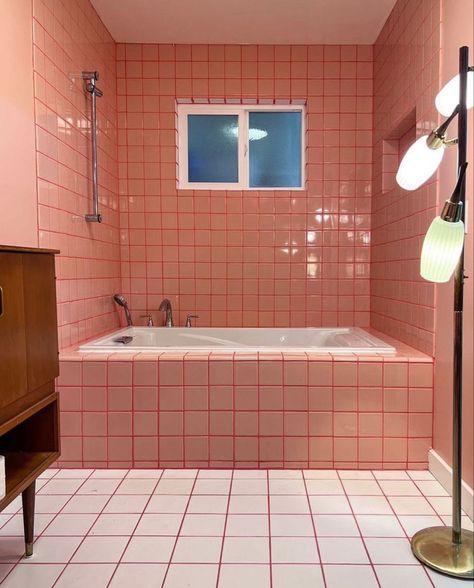 Pink Tiles Red Grout, White Tile Pink Grout, Pink Yellow Bathroom, Red Pink Bathroom, Pink Toilet Bathroom, Pink Tiles Bathroom, Pink Tiled Bathroom, Pink Grout, Pink Tile Bathroom