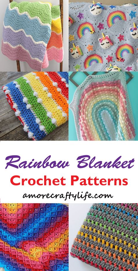 23 Colorful Rainbow Crochet Blanket Patterns to Make - A More Crafty Life Rainbow Through The Storm Crochet Blanket Free Pattern, Crochet Rainbow Blanket Free Pattern, Crochet Pattern Rainbow Blanket, Rainbow Afghan Crochet Pattern, Black And Rainbow Crochet Blanket, Rainbow Knitted Blanket, Fun Crochet Blanket Patterns Free, Rainbow C2c Crochet Blanket, Crochet Multicolor Blanket