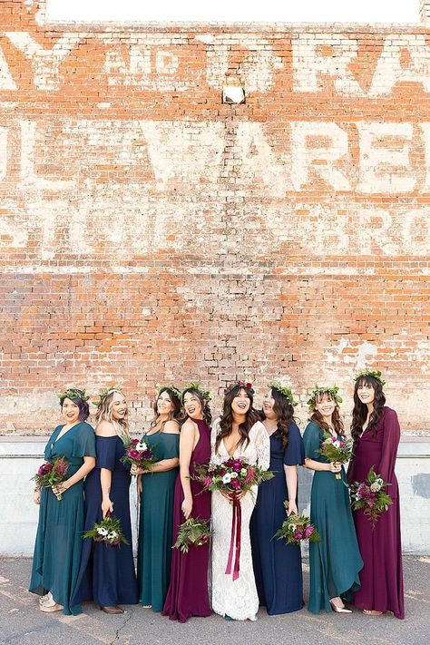 Teal And Burgundy Bridesmaid Dresses, Jewel Tone Mixed Bridesmaids, Jewel Tone Wedding Save The Date, Moody Jewel Tone Wedding Decor, Jewel Tone Autumn Wedding, Moody Jewel Tone Bridesmaid Dresses, Jewel Tone Groomsmen Attire, Gem Tone Wedding, Autumn Bridesmaids