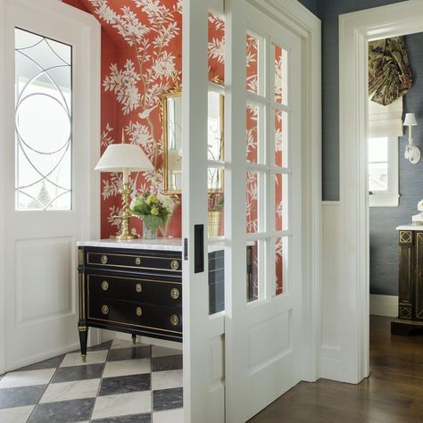 Alexandra rae - entry foyer - sliding French Doors #victorianinterior No Foyer Entry, Gracie Wallpaper, Sliding French Doors, Stylish Bedroom Design, Foyer Design, Living Room Remodel, Dressing Room Design, Entry Way, Entry Foyer