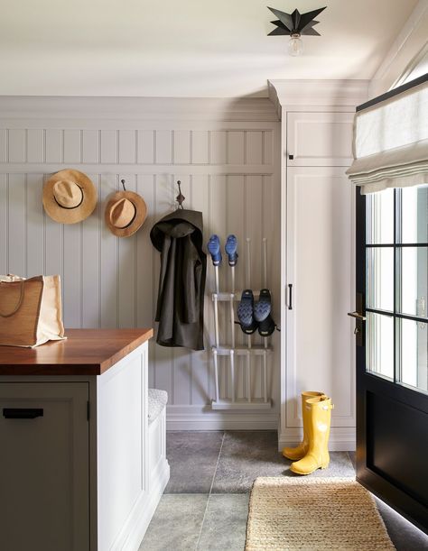 Caledon Farmhouse — Halina Catherine Design Mudroom Tongue And Groove, Tongue And Groove Mudroom, Ontario Farmhouse, Basement Mudroom, Small Mudroom, Tuscany House, Reclaimed Wood Beams, Stand Alone Tub, Stone Farmhouse