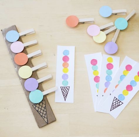 Ice cream cone clothespin activity Clothes Pin Activities, Ice Cream Crafts, Dot Patterns, Summer Preschool, Preschool Fine Motor, Baby Learning Activities, Wooden Clothespins, Alphabet Activities Preschool, Matching Patterns