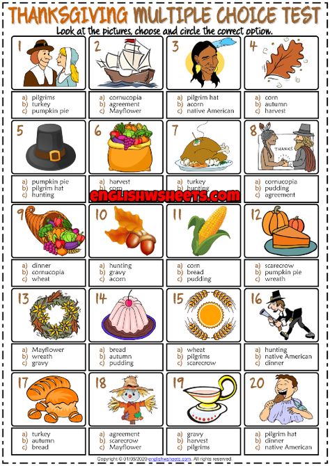 Thanksgiving ESL Printable Multiple Choice Test For Kids Thanksgiving Worksheets For Kids, Esl Thanksgiving Activities, Thanksgiving English Activities, Thanksgiving Vocabulary Preschool, Esl Thanksgiving, Thanksgiving Word Search For Kids, Thanksgiving Grammar Worksheets, Thanksgiving Ispy Printable, Vietnamese Phrases