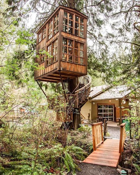 Tiny Homes on Instagram: “Follow us 👉@tinyhomes for more tiny home inspo!⁣⠀ ⁣-⁣⠀ How awesome is this treehouse?! Tag a friend who would go here with you✨ (📸:…” Treehouse Vacations, Treehouse Point, Treehouse Masters, Treehouse Hotel, Cool Tree Houses, Tree House Designs, Live In Style, House Hunters, Tiny House Movement