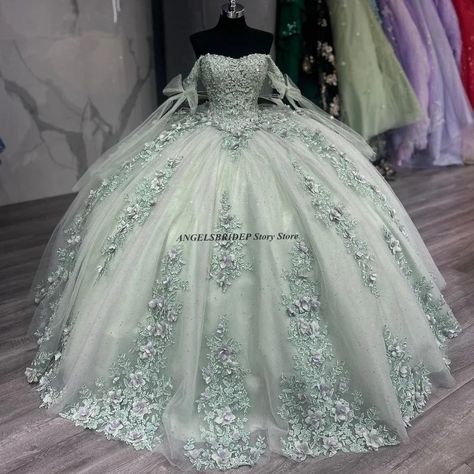 ANGELSBRIDEP Sage Green Big Bow Quinceanera Dress Mexico Lace 3D Flower Beads Applique Lace Sweet 16 Sage Green Decor Quince, Beads Applique, Sage Green Decor, Applique Lace, Quinceanera Dress, Beaded Applique, Green Decor, Dresses Lace, Big Bow