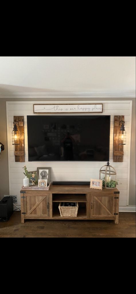 Farmhouse Tv Mount Ideas, Farmhouse Around Tv Decor, Living Room Designs With Shiplap Wall, Farmhouse Living Room With Fireplace And Tv, Farmhouse Den Family Rooms Rustic, Tv Wall Shiplap Ideas, Shiplap Tv Wall Ideas Living Room, Side Of Tv Wall Decor Farmhouse, Shiplap Large Wall Living Rooms