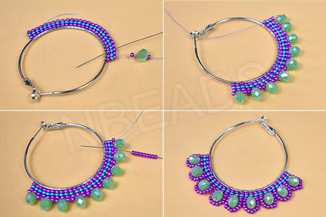 Seed Bead Crafts Rings, Seed Beads Hoop Earrings, Beading Hoops Tutorial, Hoop Earring Designs, Seed Bead Hoop Earrings Patterns, How To Make Beaded Hoop Earrings Tutorials, Beaded Hoop Earring Tutorial, Beaded Hoops Tutorial, Diy Beaded Hoop Earrings