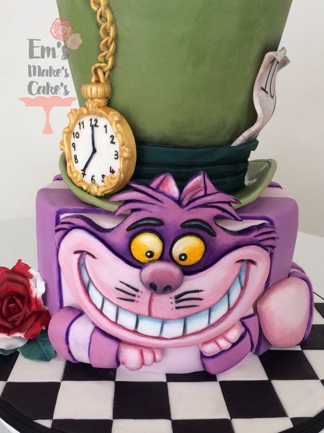 Cheshire Cat cake Alice In Wonderland Cake Cheshire Cat Cake Ideas, Cheshire Cat Cake, Torte Creative, Alice In Wonderland Cake, Halloween Birthday Cakes, Wonderland Cake, Candy Birthday Cakes, Gravity Cake, Alice In Wonderland Cakes