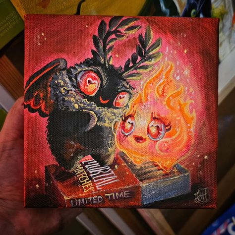 "Mortal Matches" 😭❤️ she's got jokes :*) acrylic on canvas by @scribblecreatures . . . #dryingrack #acrylicpainting #scribblecreatures #mothman #mothtoaflame #valloween #valentinesday Mothman Painting, Mothman Art, Halloween Art, Acrylic On Canvas, Art Inspo, Acrylic Painting, Valentines Day, Halloween, Canvas