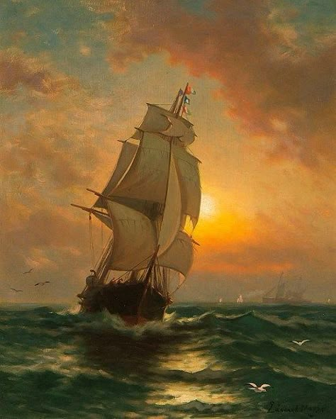 Edward Moran - Full Sail At Sunset Navi A Vela, Old Sailing Ships, Full Sail, Maritime Art, Marine Painting, Pirate Ships, Sailing Vessel, Ship Paintings, Tall Ship