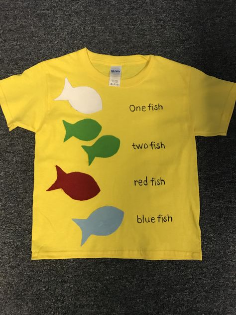 Dr. Seuss  one fish, two fish, red fish, blue fish Dr Seuss Week Dress Up Kids, Dr Suess Diy Costumes, Dr Suess Day Outfit, Dr Seuss One Fish Two Fish Costume, Dr Seuss Diy Shirt, Diy Dr Suess Shirt, Dr Seuss Outfit Ideas, Dr Seuss Shirt Ideas Diy, One Fish Two Fish Red Fish Blue Fish Costume